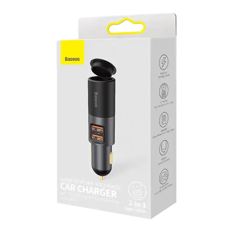 Baseus Share Together Fast Charge Car Charger with Cigarette Lighter Expansion Port, 2x USB, 120W (Gray) - Product Image 6