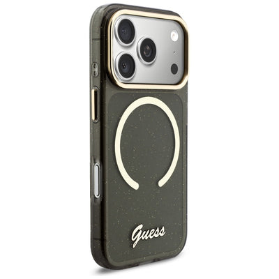 Guess IML Glitters Script Strap MagSafe Case for iPhone 17 Pro - Black