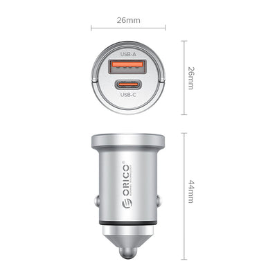 Orico MiniRing Pro 45W USB-A + USB-C Car Charger - Silver