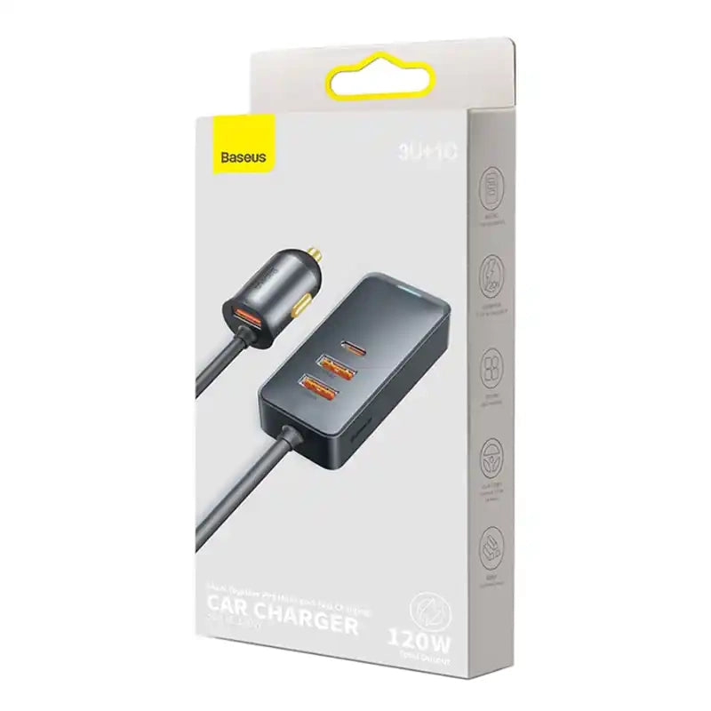 Car charger Baseus Share Together with extension cord, 3x USB, USB-C, 120W (grey) - Product Image 8