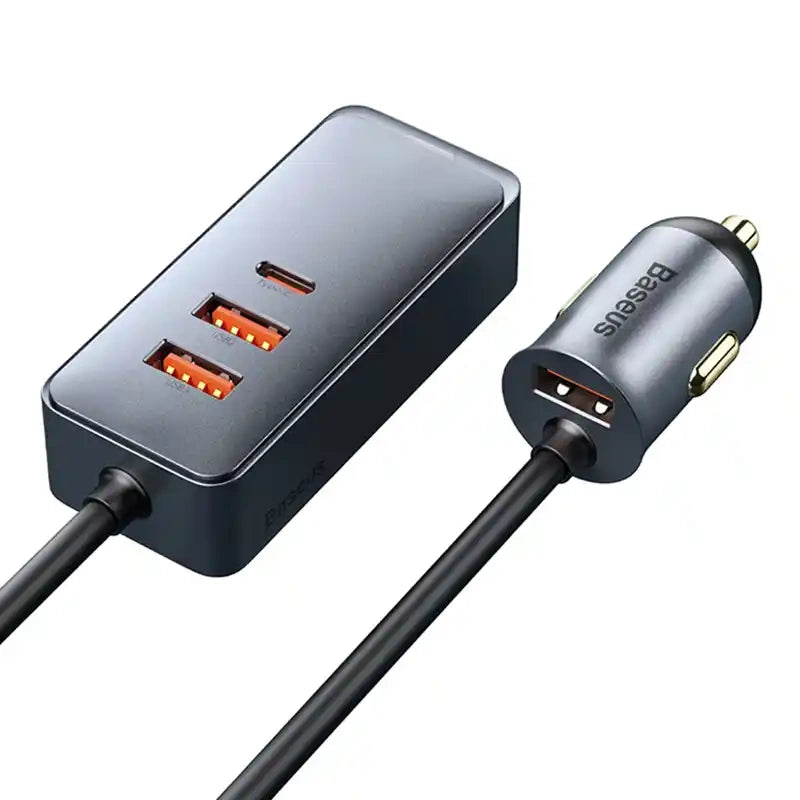 Car charger Baseus Share Together with extension cord, 3x USB, USB-C, 120W (grey) - Product Image 4