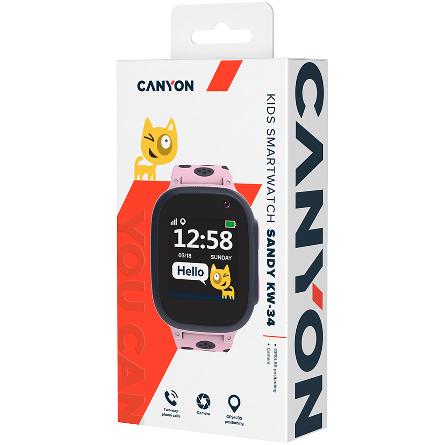 CANYON Sandy KW-34, Kids smartwatch, 1.44 inch colorful screen, GPS function, Nano SIM card, 32+32MB, GSM(850/900/1800/1900MH