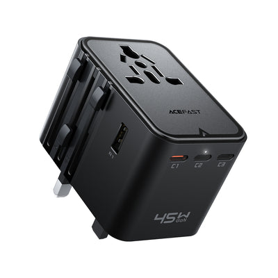 Acefast Z8 GaN 45W Travel Adapter 3x USB-C + 2x USB-A Travel Wall Charger with 2500W AC Socket - Black