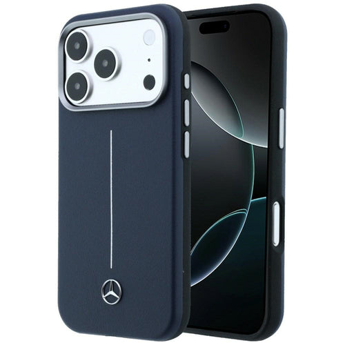 Mercedes Leather Semi Wrap Iconic Line MagSafe Case for iPhone 17 Pro - Navy Blue