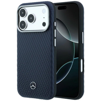 Mercedes Leather Semi Wrap Wood Effect MagSafe Case for iPhone 17 Pro Max - Navy Blue