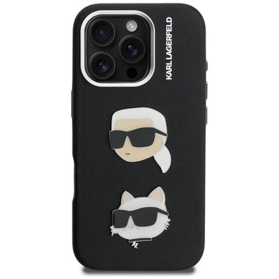 Karl Lagerfeld FW Grained Karl & Choupette Heads Pins Case for iPhone 16 Pro - Black