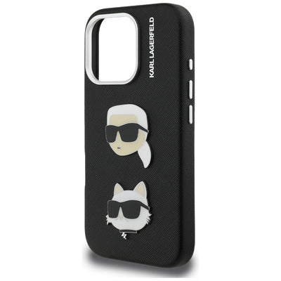 Karl Lagerfeld FW Grained Karl & Choupette Heads Pins Case for iPhone 16 Pro - Black