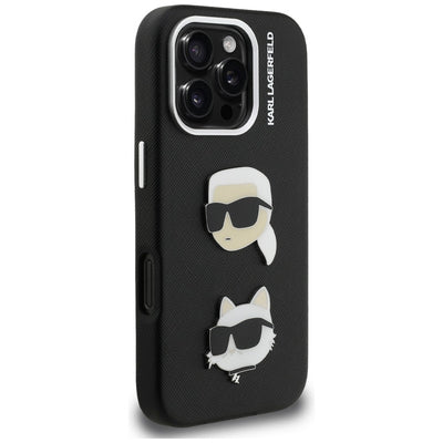 Karl Lagerfeld FW Grained Karl & Choupette Heads Pins Case for iPhone 16 Pro Max - Black