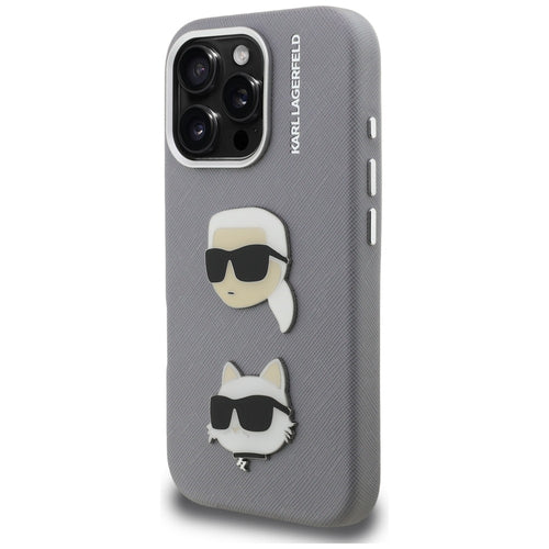 Karl Lagerfeld FW Grained Karl & Choupette Heads Pins Case for iPhone 16 Pro Max - Gray