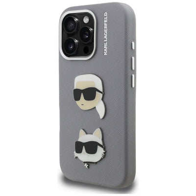 Karl Lagerfeld FW Grained Karl & Choupette Heads Pins Case for iPhone 16 Pro - Gray