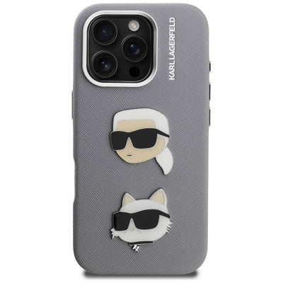 Karl Lagerfeld FW Grained Karl & Choupette Heads Pins Case for iPhone 16 Pro - Gray