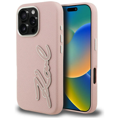 Karl Lagerfeld FW Grained Signature Logo iPhone 16 Pro Case - Pink