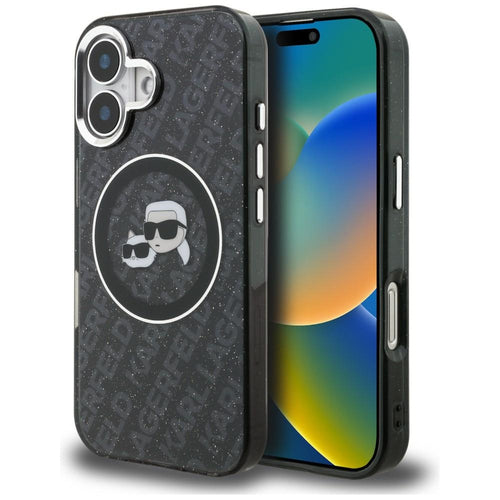 Karl Lagerfeld IML Glitter Karl & Choupette Heads Logo MagSafe Case for iPhone 16 - Black