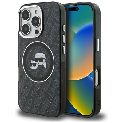 Karl Lagerfeld IML Glitter Karl & Choupette Heads Logo MagSafe Case for iPhone 16 Pro - Black