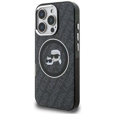 Karl Lagerfeld IML Glitter Karl & Choupette Heads Logo MagSafe Case for iPhone 16 Pro - Black