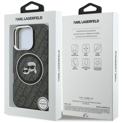 Karl Lagerfeld IML Glitter Karl & Choupette Heads Logo MagSafe Case for iPhone 16 Pro - Black