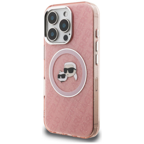 Karl Lagerfeld IML Glitter Karl & Choupette Heads Logo MagSafe Case for iPhone 16 Pro - Pink