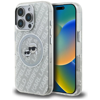 Karl Lagerfeld IML Glitter Karl & Choupette Heads Logo MagSafe Case for iPhone 16 Pro - Gray