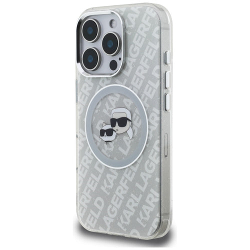 Karl Lagerfeld IML Glitter Karl & Choupette Heads Logo MagSafe Case for iPhone 16 Pro - Gray