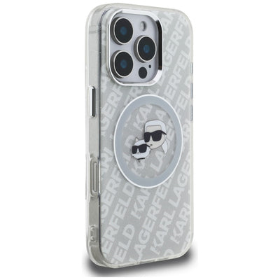 Karl Lagerfeld IML Glitter Karl & Choupette Heads Logo MagSafe Case for iPhone 16 Pro - Gray