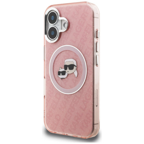 Karl Lagerfeld IML Glitter Karl & Choupette Heads Logo MagSafe iPhone 16 Case - Pink