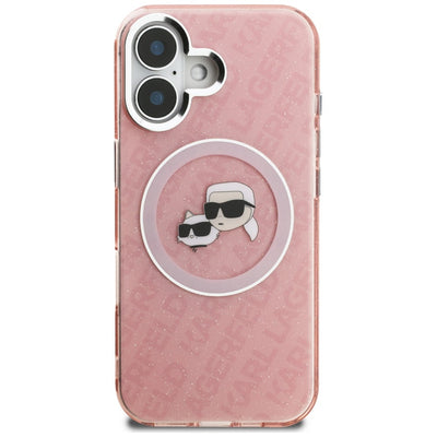 Karl Lagerfeld IML Glitter Karl & Choupette Heads Logo MagSafe iPhone 16 Case - Pink
