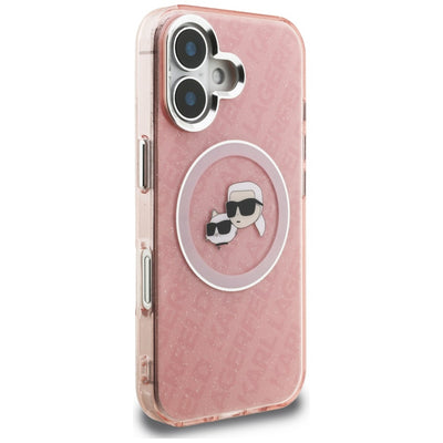 Karl Lagerfeld IML Glitter Karl & Choupette Heads Logo MagSafe iPhone 16 Case - Pink