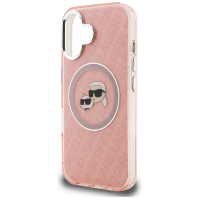 Karl Lagerfeld IML Glitter Karl & Choupette Heads Logo MagSafe iPhone 16 Case - Pink