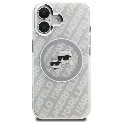 Karl Lagerfeld IML Glitter Karl & Choupette Heads Logo MagSafe iPhone 16 Case - Gray
