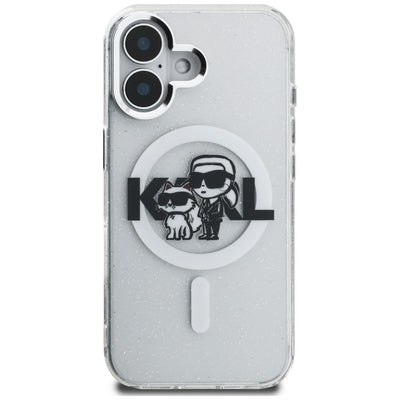 Karl Lagerfeld IML Glitter Karl & Choupette Sketch Logo MagSafe Case for iPhone 16 - Transparent