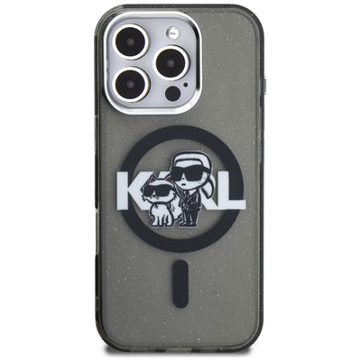 Karl Lagerfeld IML Glitter Karl & Choupette Sketch Logo MagSafe Case for iPhone 16 Pro - Black