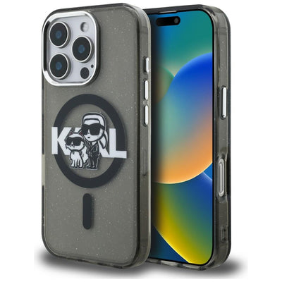 Karl Lagerfeld IML Glitter Karl & Choupette Sketch Logo MagSafe Case for iPhone 16 Pro Max - Black