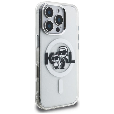 Karl Lagerfeld IML Glitter Karl & Choupette Sketch Logo MagSafe Case for iPhone 16 Pro Max - Clear