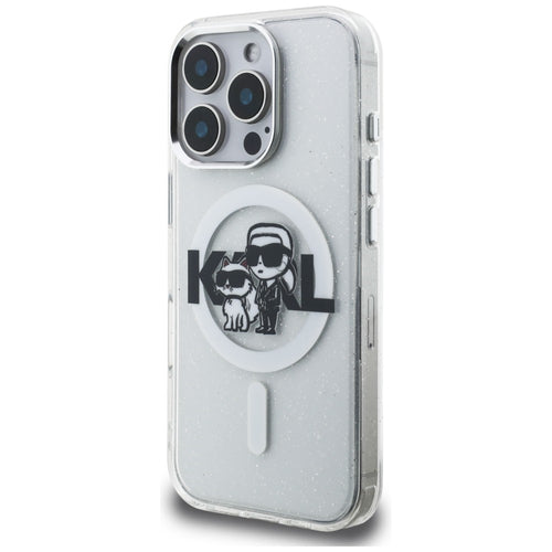Karl Lagerfeld IML Glitter Karl & Choupette Sketch Logo MagSafe Case for iPhone 16 Pro - Clear