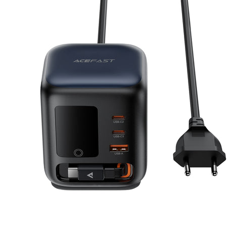 Acefast Z10 GaN 100W 3xUSB Desktop Charger with Retractable USB-C Cable and TFT Display - Black