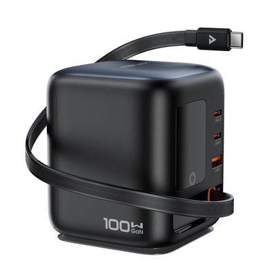 Acefast Z10 GaN 100W 3xUSB Desktop Charger with Retractable USB-C Cable and TFT Display - Black