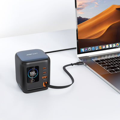 Acefast Z10 GaN 100W 3xUSB Desktop Charger with Retractable USB-C Cable and TFT Display - Black