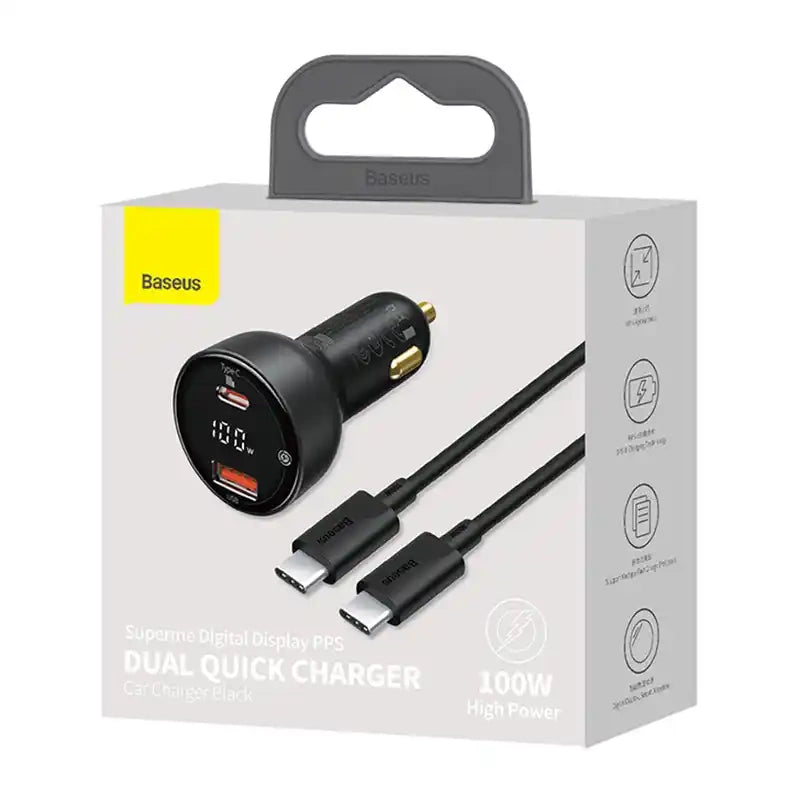 Car charger Baseus Superme, USB, USB-C, 100W + USB-C cable (black) - Product Image 6