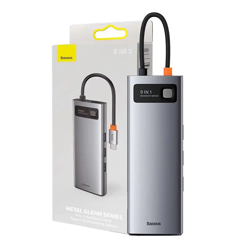 Hub 9in1 Baseus Metal Gleam Series, USB-C to 3x USB 3.0 + HDMI + USB-C PD + Ethernet RJ45 + microSD/SD + VGA - Product Image 1