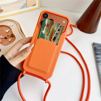 iPhone 17 Pro / 18 Pro Silicone Case with Card Pocket and Crossbody Strap - Orange — Hurtel