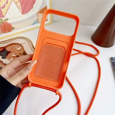 iPhone 17 Pro / 18 Pro Silicone Case with Card Pocket and Crossbody Strap - Orange — Hurtel