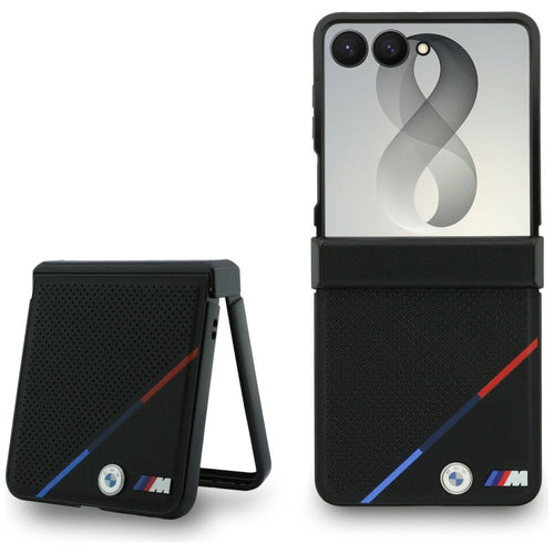 BMW M Leather Perforated Tricolor Stripe Metal Logos MagSafe Case for Samsung Galaxy Z Flip 8 - Black