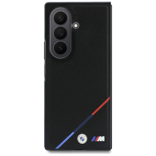 BMW M Leather Perforated Tricolor Stripe Metal Logos MagSafe Case for Samsung Galaxy Z Fold 8 Ultra - Black