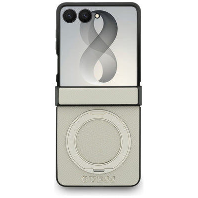 Guess Magnetic Ring Stand Grained Classic Logo MagSafe case for Samsung Galaxy Z Flip 8 - beige