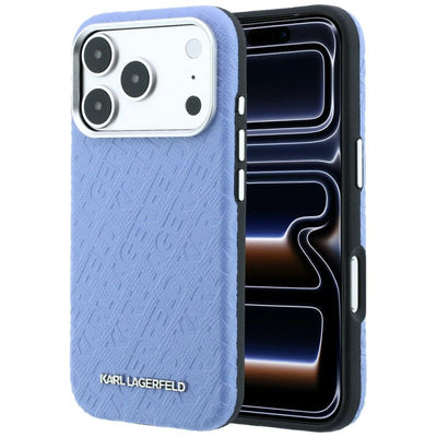 Karl Lagerfeld Grained Allover Logo Metal Elongated MagSafe Case for iPhone 17 Pro / 18 Pro - Blue