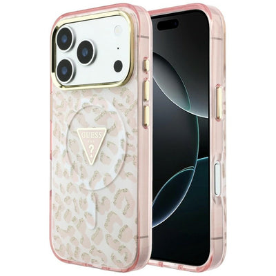 Guess IML Leopard Glitter Triangle Logo MagSafe Case for iPhone 17 Pro / 18 Pro - Pink