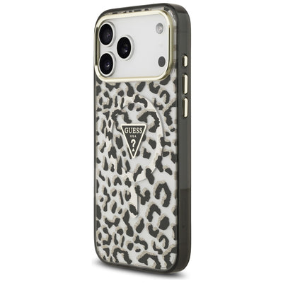 Guess IML Leopard Glitter Triangle Logo MagSafe Case for iPhone 17 Pro Max / 18 Pro Max - Black