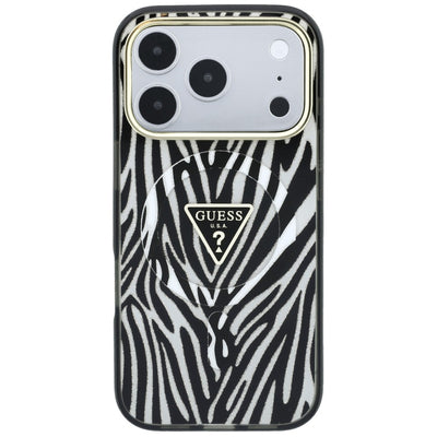 Guess IML Zebra Glitter Triangle Logo MagSafe Case for iPhone 17 Pro Max / 18 Pro Max - Silver