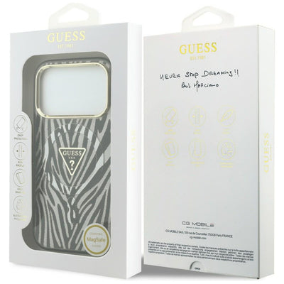 Guess IML Zebra Glitter Triangle Logo MagSafe Case for iPhone 17 Pro Max / 18 Pro Max - Silver