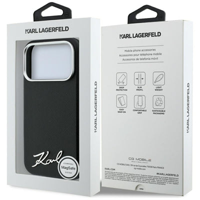 Karl Lagerfeld Saffiano Small Script Metal Logo MagSafe Case for iPhone 17 Pro Max / 18 Pro Max - Black
